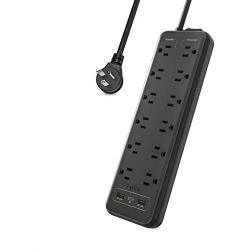 EyGde Power Strip Surge Protector Flat Plug with 12 AC Widely Spaced Outlets (1875W/15A, 2800J) and 3 USB Charging Ports (1 USB-C, 2 USB-A), 4.9Ft Extension Cord, Wall Mountable for Home&Office(Black)