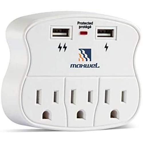 Multiple Outlet Wall Plug Expander - Surge Protector 490 Joules Outlet Extender 3 Plug Outlet with 2 USB Charger Ports Wall Mount Adapters ETL Certified for Home/School/Office Use
