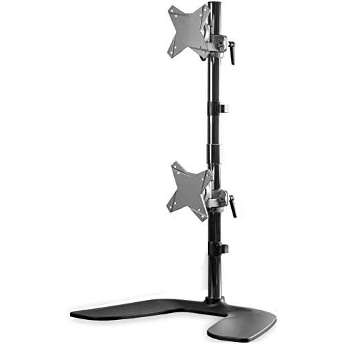 StarTech.com Vertical Dual Monitor Stand - Ergonomic Desktop Stacked Two Monitor Stand up to 27'' VESA Mount Displays - Free Standing Universal Monitor Mount - Height Adjustable - Silver (ARMDUOVS)