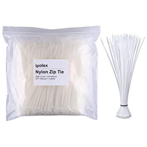 Nylon Zip Ties (Pack of 1000pcs) 8 Inch with Self Locking Cable Ties (White)