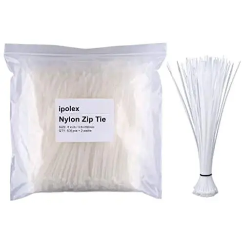 Nylon Zip Ties (Pack of 1000pcs) 8 Inch with Self Locking Cable Ties (White)