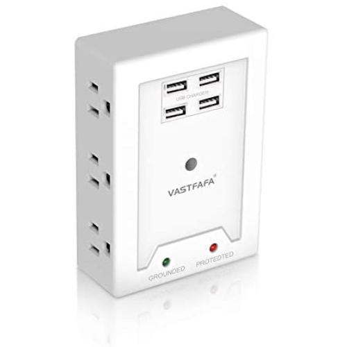 VASTFAFA 6 AC Outlets Surge Protector,Multi Outlet Wall Adapter,USB Power Strip Extension - Mountable Grounded Surge Protector, Portable Outlet Extender for TV Computer Laptops Smartphone White