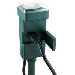 GE Branded Outdoor 6 Mechanical Stake Timer,Easy-to-Set dial, 30-Minute Interval pushpins, Six Grounded outlets with Weather-Resistant Covers – 29972, Green