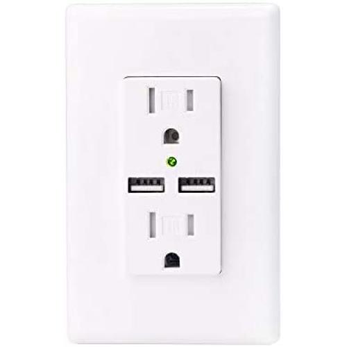 OMEENET 3.1A USB Outlet, Wall Charger with 2 USB Ports, Tamper-Resistant Duplex Receptacle, Wall Plate Included, White, Surge Protection
