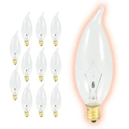 6O Watt Flame Tip Candelabra Light Bulbs | CA10 Clear Finish E12 Base 2700K Soft White CFC | Dimmable 6OW 580 Lumens | Decorative Chandelier Bulbs | Incandescent 12 Pack by GoodBulb 6O Watt Flame Tip Candelabra Light Bulbs | CA10 Clear Finish E12 Base 2700K Soft White CFC | Dimmable 6OW 580 Lumens | Decorative Chandelier Bulbs | Incandescent 12 Pack by GoodBulb