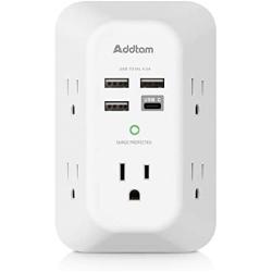USB Wall Charger, Surge Protector, 5 Outlet Extender with 4 USB Charging Ports ( 1 USB C Outlet, 4.5A Total) 3-Sided 1800J Power Strip Multi Plug Outlets Wall Adapter Spaced for Home Travel Office