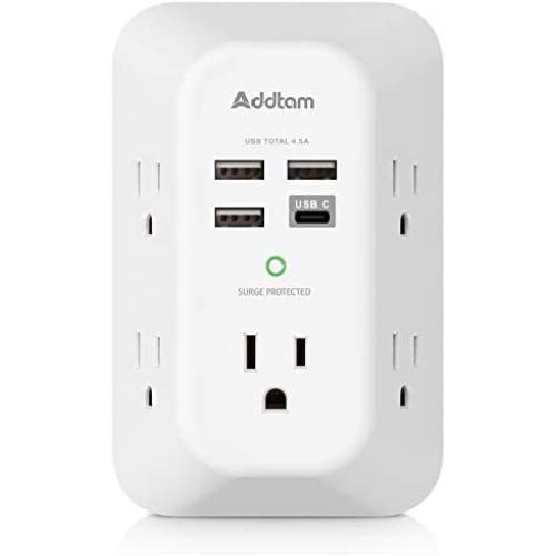 USB Wall Charger, Surge Protector, 5 Outlet Extender with 4 USB Charging Ports ( 1 USB C Outlet, 4.5A Total) 3-Sided 1800J Power Strip Multi Plug Outlets Wall Adapter Spaced for Home Travel Office
