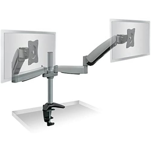 Mount-It! Dual Arm Monitor Mount | Dual Monitor Arm Stand | Two Full Motion Articulating Adjustable Gas Spring | Fits 22 23 24 27 Inch VESA Compatible Computer Screens | C-Clamp Desk Mount