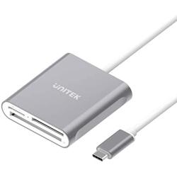 USB C SD Card Reader, Unitek Aluminum 3-Slot USB 3.0 Type-C Flash Memory Card Reader for USB C Device, Supports SanDisk Compact Flash Memory Card and Lexar Professional CompactFlash Card - Grey