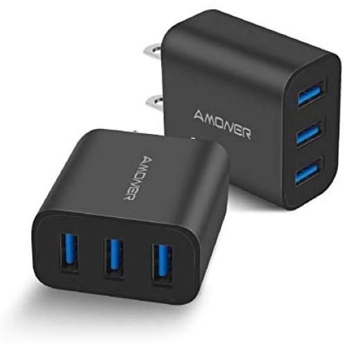 Amoner Wall Charger, Upgraded 2Pack 15W 3-Port USB Plug Cube Portable Wall Charger Plug for iPhone 12/mini/Pro/Max/11/Pro/Xs/XR/X/8/7/Plus, iPad Pro/Air 2/Mini 2, Galaxy10/9, Note10/9, and More