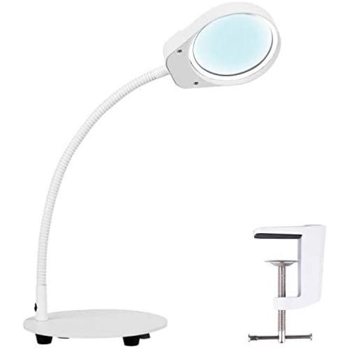 Psiven Dimmable Magnifying Glass Desk Lamp - Lighted Magnifier with Stand & Clamp, Magnifying Glass with Light for Close Work, Reading, Workbench, Crafts, Hobbies, Task, Sewing, Soldering - White