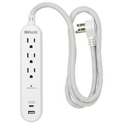 Woods 41026, 250 Joules Protection 3-Outlet 250J Surge Protector with 4 Braided Fabric Cord, 3.9A USB-A & USB-C Charger, White, (1) USB-A & (1) USB-C
