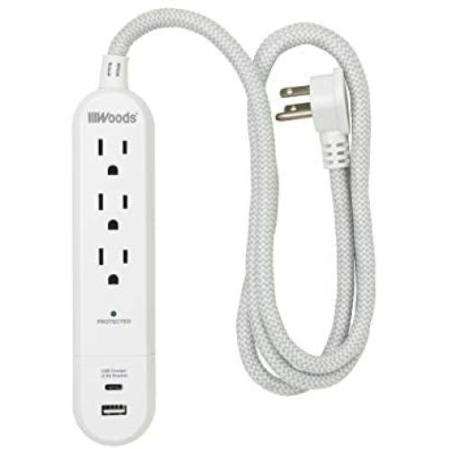 Woods 41026, 250 Joules Protection 3-Outlet 250J Surge Protector with 4 Braided Fabric Cord, 3.9A USB-A & USB-C Charger, White, (1) USB-A & (1) USB-C