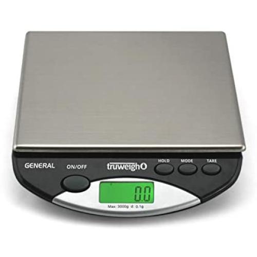 Truweigh General Compact Bench Scale - (3000g X 0.1g - Black) - Digital Kitchen Scale - Shipping Scale - Large Kitchen Scale - Digital Postal Scale - Large Food Scale - Professional Digital Scale