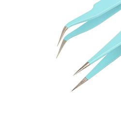 ZeroZ 2 Pcs Stainless Steel Tweezers for Eyelash Extensions Precision Electronics Nail Sticker Rhinestone Jewelry Anti-Static Non-Magnetic (Light Blue)