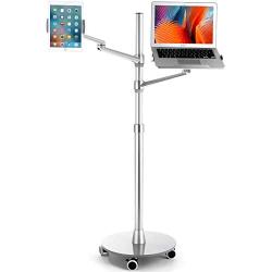 Viozon Tablet and Laptop Floor Stand, 2-in-1 Rolling Adjustable Dual arm, Applicable to3.5~6.7inch Phone and 7~13 Tablet Compatible with iPad Pro, iPad, Extra Tray Fits 12 to 17 Laptop/Notebook(S)