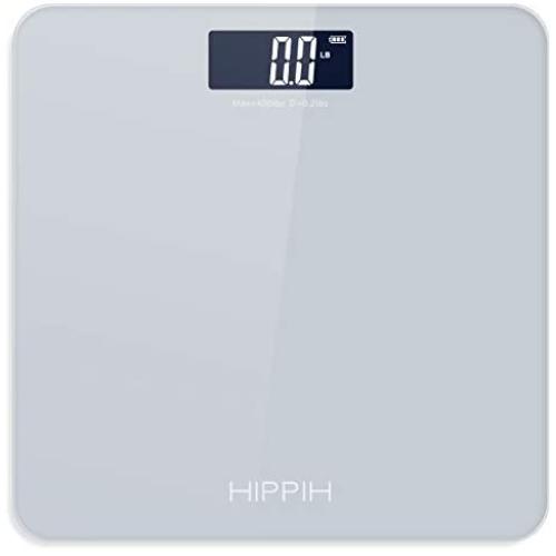Body Weight Scale for People, HIPPIH Battery-Powered Digital Bathroom Scale with Round Corner, 11x11 in Precise Grey Body Scale with Step-On Technology, Large Blacklit Display, 400 Pounds Max