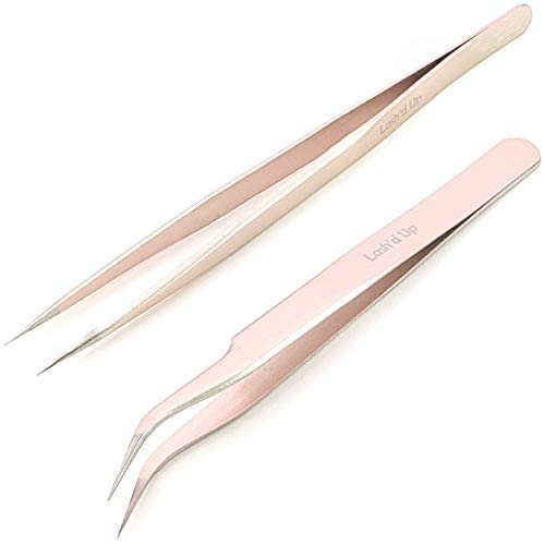 Lashd Up 2 Pcs Stainless Steel Tweezers for Eyelash Extensions, Straight and Curved Tip Tweezers Nippers, False Lash Application Tools, Dark Gold