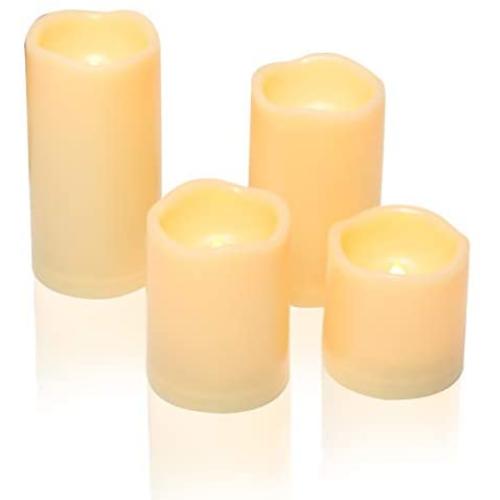 4 Graduated Heights Waterproof Outdoor Battery Operated Flameless LED Pillar Candles with Timer Flickering Plastic Resin Electric Night Lights Lantern Patio Garden Home Decor Party Wedding Decorations