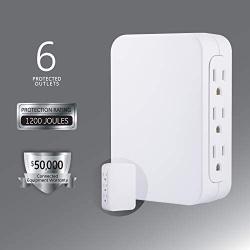 GE Pro 6 Outlet Wall Tap Surge Protector, Side Access, Power Outlet Adapter, 3 Prong Wall Mount, Plug In Outlet Extender, 1200 Joules, Warranty, UL Listed, White, 10353