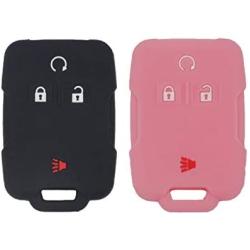 LemSa 2Pcs Silicone Keyless Entry Smart Key Fob Cover Case Protector Bag Holder Jacket for Chevrolet Silverado Colorado 2017 2018 M3N32337100 13577770 13577771 GMC Sierra Yukon Cadillac, Black Pink