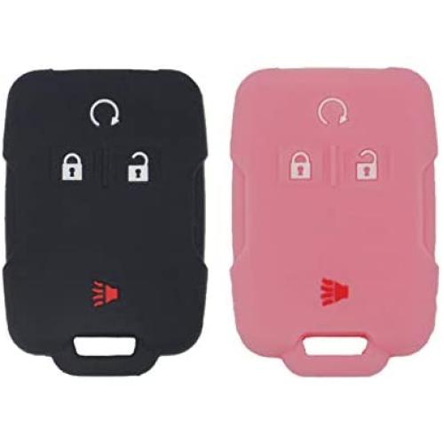 LemSa 2Pcs Silicone Keyless Entry Smart Key Fob Cover Case Protector Bag Holder Jacket for Chevrolet Silverado Colorado 2017 2018 M3N32337100 13577770 13577771 GMC Sierra Yukon Cadillac, Black Pink