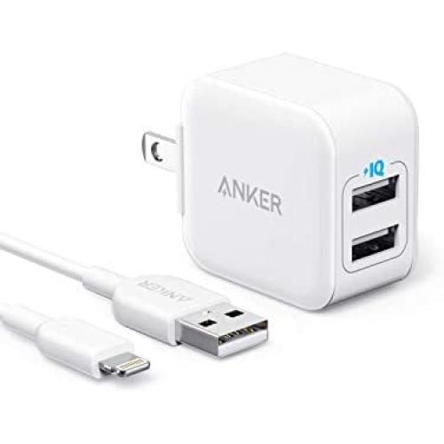 iPhone Charger, Anker PowerPort III 2-Port 12W USB Wall Charger with 3ft MFi Certified Lightning Cable, Foldable Plug, for iPhone Xs/XR/ 11/11 Pro/SE 2020/ iPad, and More
