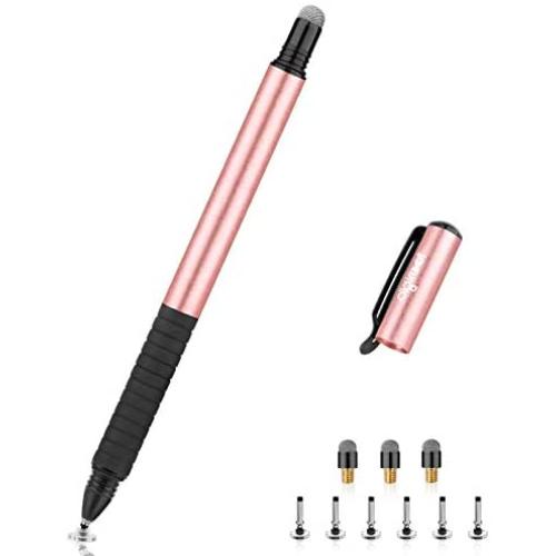 Digiroot Universal Stylus,[2-in-1] Disc Stylus Pen Touch Screen Pens for All Touch Screens Cell Phones, iPad, Tablets, Laptops with 9 Replacement Tips(6 Discs, 3 Fiber Tips Included) - (Rose Gold)