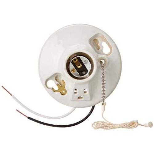 Leviton 9726-C2 One-Piece Glazed Porcelain Outlet Box Mount Incandescent Lampholder, Pull Chain, Top Wired, White