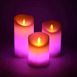 Flameless LED Candles Light, ALED LIGHT 3 Pack Warm White Plus Multicolor Real Wax Battery Operated Electric LED Moving Wick Flickering Candle Lights with Remote Control Timer for Decoration, Wedding
