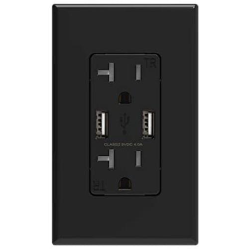 ELEGRP USB Charger Wall Outlet, Dual High Speed 4.0 Amp USB Ports with Smart Chip, 20 Amp Duplex Tamper Resistant Receptacle Plug NEMA 5-20R, Wall Plate Included, UL Listed (1 Pack, Glossy Black)