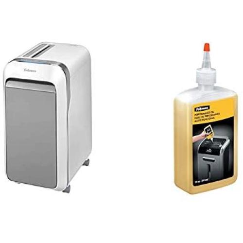 Fellowes LX22M Powershred Micro Cut 20 Sheet Paper Shredder (White) (5263201) & 35250 Powershred Performance Oil, 12 oz. Bottle w/Extension Nozzle
