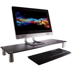 Monoprice Large Multimedia Desktop Stand - Black Glass (30.8 x 11in) Stand & Riser, Laptop Stand, Desktop TV Stand, Dual Monitors w/Height Adjustable Legs - Workstream Collection (116359)