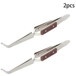 Utoolmart Stainless Steel Tweezers With Cross Locking Wooden Handle Tweezers Bent Reverse Action for Electronics Jewelry-Making Laboratory Hobby 2pcs