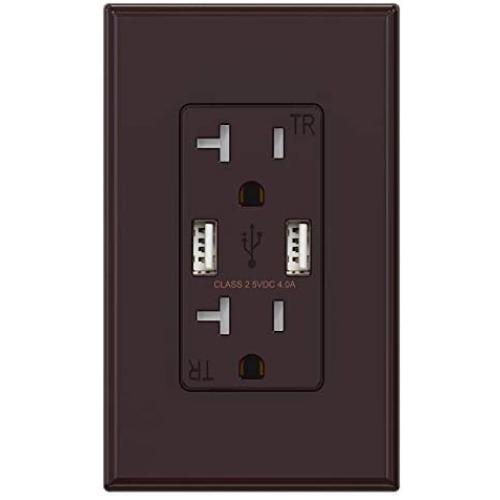 (1 Pack, Glossy Brown) ELEGRP USB Outlet Wall Charger, Dual High Speed 4.0 Amp USB Ports with Smart Chip, 20 Amp Duplex Tamper Resistant Receptacle Plug NEMA 5-20R, Wall Plate Included, UL Listed