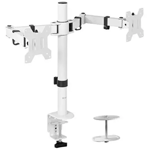 VIVO White Dual 13 to 27 inch LCD LED Monitor Desk Mount Stand with C-clamp and Bolt-Through Grommet, Heavy Duty Fully Adjustable Arms for 2 Screens STAND-V002W