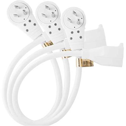Maximm Cable 1 Foot 360° Rotating Flat Plug Extension Cord / Wire, 3 Prong Grounded Wire 16 Awg Power Cord - 3 Pack - White