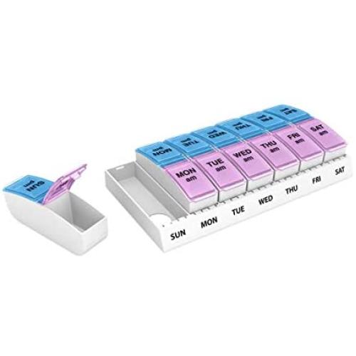 Ezy Dose Travel (7-Day) Pill, Medicine, Vitamin Organizer | Weekly, 2 Times a Day, AM/PM | Large Compartments | Colored Lids