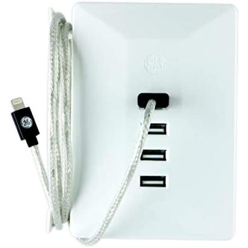 GE Ultra Pro USB Charging Station Surge Protector, 4 USB Ports, 4.8A USB, For iPhone 12/11/Pro/Max/XS/XR/X/8, Ipad Pro, Samsung Galaxy S21/S10/S9/Plus, Google Pixel 5/C/3/2/XL, UL Listed, White, 31712