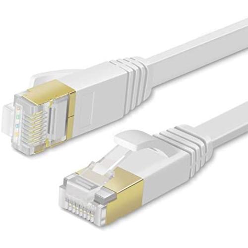 TNP Cat7 Shielded Ethernet Flat Patch Network Cable - 10Gbps 600Mhz High Performance with Snagless RJ45 Connectors Gold Plated Plug S/STP Wires Networking Cable Wiring Black (100 Feet, White)