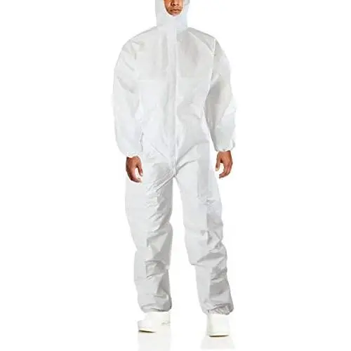 AMZ Disposable Overalls. Pack of 5 White Adult Overalls X-Large Size. Laminated Non-Woven Fabric Apparel with Attached Hood, Zipper Front Entry, Elastic Wrists, Elastic Ankles. Unisex Poly Clothing.