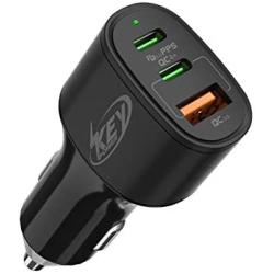 USB C Car Charger 60W Key Power Fast Car Charge Type C Car Charger Adapter - Dual USB-C and USB-A Ports with 30W & 22.5W Compatible with iPhone 12/11/11 Pro Max/XS/XR/SE, iPad Pro, Galaxy, Pixel