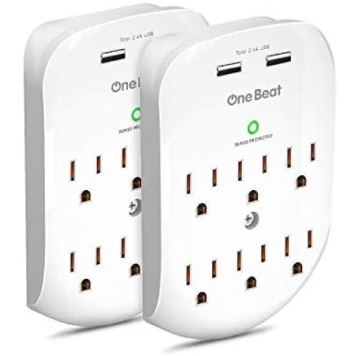 2 Pack 6-Outlet Wall Surge Protector, Multi Plug Outlet Extender, Outlet Wall Mount Adapter with 2 USB Charging Ports 2.4 A, 490 Joules, ETL Certified for Home, School, Office