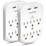 2 Pack 6-Outlet Wall Surge Protector, Multi Plug Outlet Extender, Outlet Wall Mount Adapter with 2 USB Charging Ports 2.4 A, 490 Joules, ETL Certified for Home, School, Office