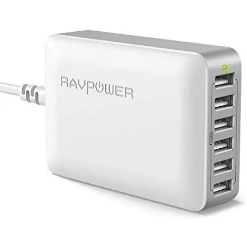 USB Charger RAVPower 60W 12A 6-Port Desktop USB Charging Station with iSmart Multiple Port, Compatible iPhone 12 Mini SE 11 Pro Max XS XR X iPad Pro Air Mini Galaxy S10 Note 10 Tablet (Grey White)