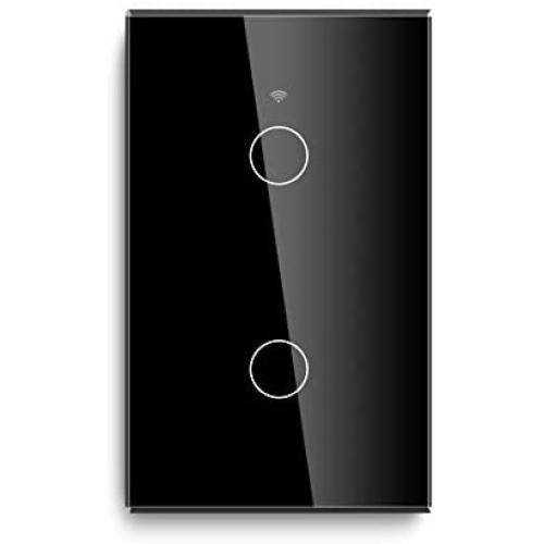 BSEED WiFi Touch Smart Wall Light Switch Tempered Glass Panel Work with Alexa/Google 118×71mm 2 Gang 1 Way Black