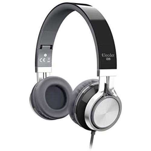Elecder i39 Headphones with Microphone Foldable Lightweight Adjustable On Ear Headsets with 3.5mm Jack for Cellphones Computer MP3/4 Kindle School Black/Gray