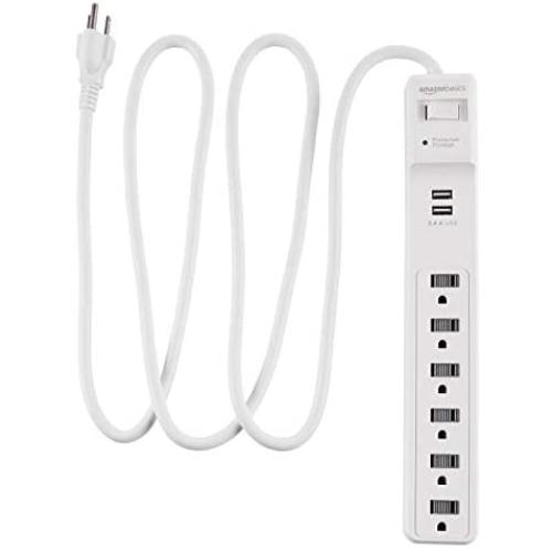 Amazon Basics 6-Outlet Surge Protector Power Strip with 2 USB Ports - 1000 Joule, White