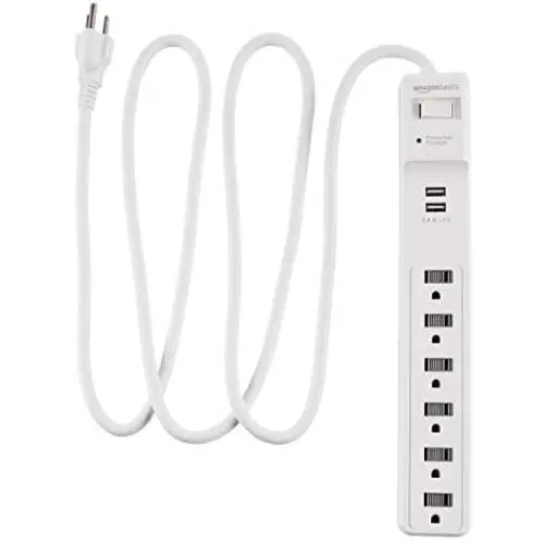 Amazon Basics 6-Outlet Surge Protector Power Strip with 2 USB Ports - 1000 Joule, White
