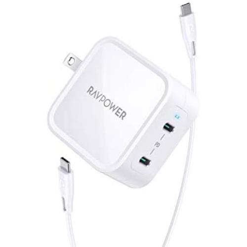 USB C Charger RAVPower 65W Fast Wall Charger, PD3.0 & GaN Tech 2-Port Power Adapter Type C Compact Foldable Travel Charger for iPhone 12 Mini Pro Max, MacBook Pro, Galaxy, Switch and More